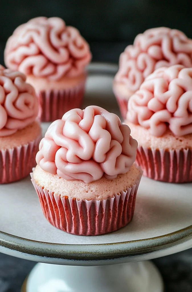 Pink Zombie Brain Halloween Cupcakes decorated with edible brains and blood.