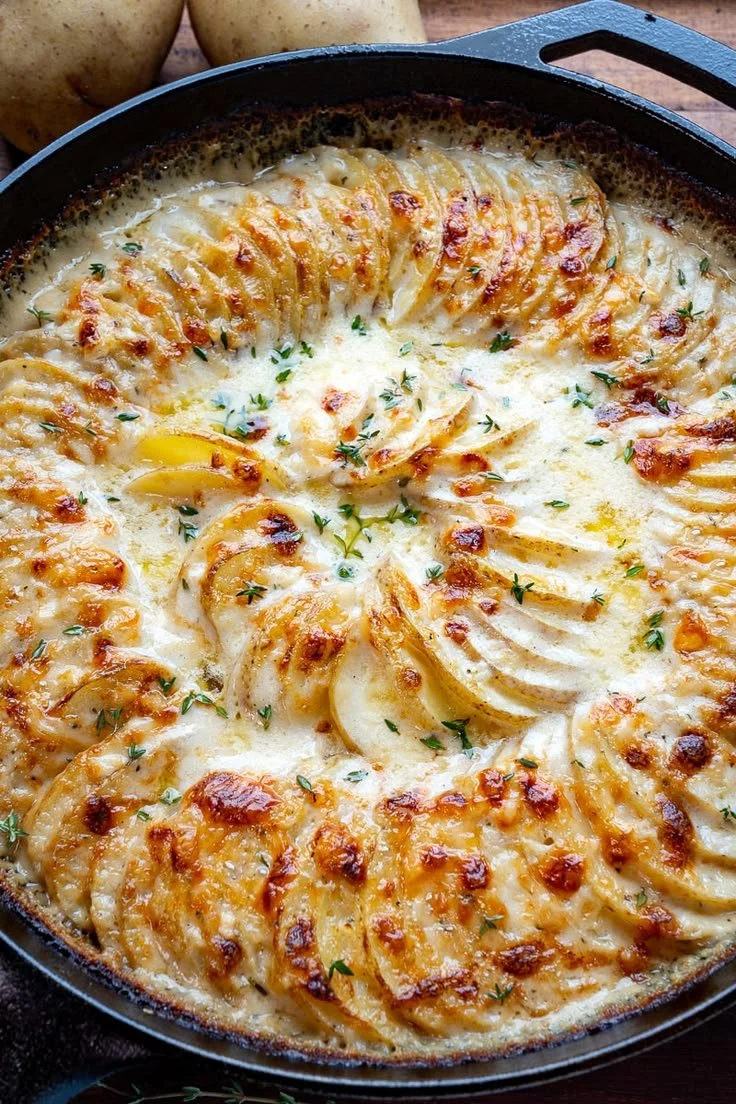 Delicious potato gratin with layers of cheese and creamy potatoes.