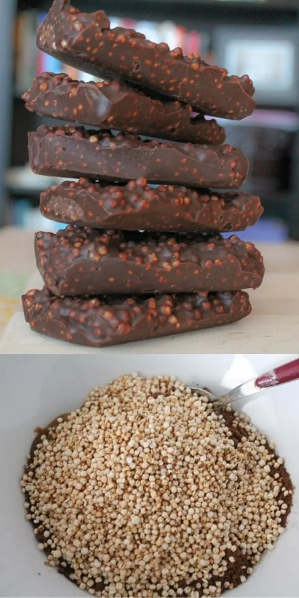 Homemade vegan quinoa crunch bars with chocolate and nuts