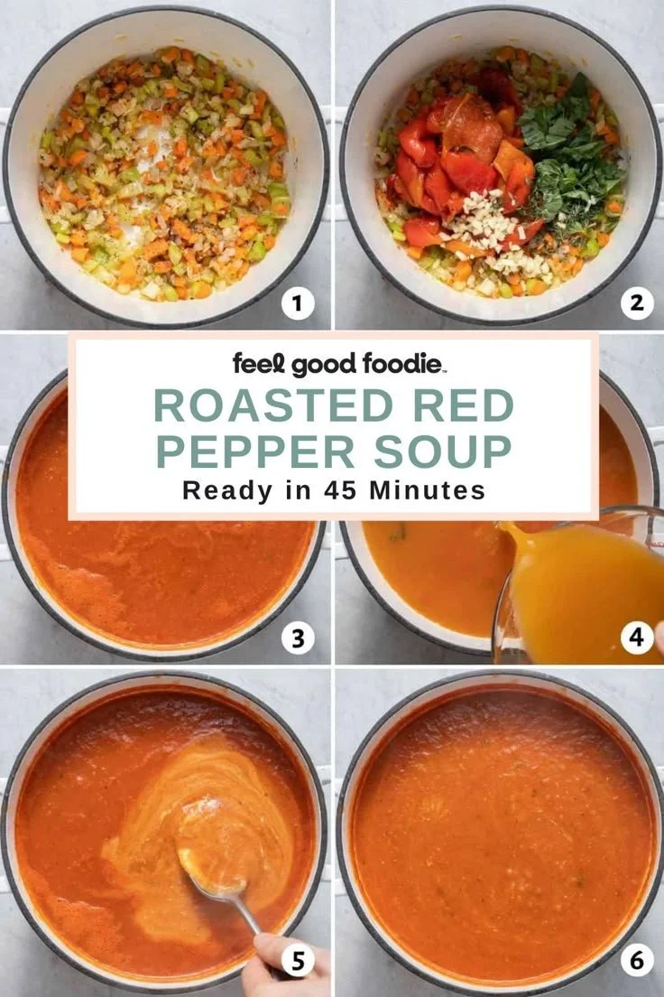 Bowl of delicious roasted red pepper soup garnished with fresh herbs