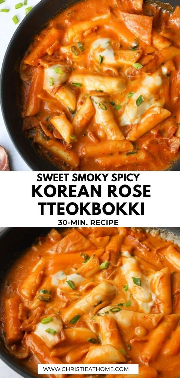 Delicious serving of Rose Tteokbokki topped with creamy sauce and garnishes.