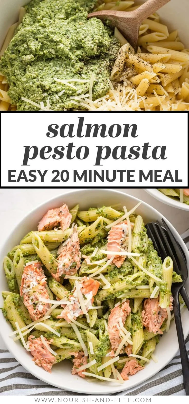 A delicious bowl of Salmon Pesto Pasta garnished with fresh herbs