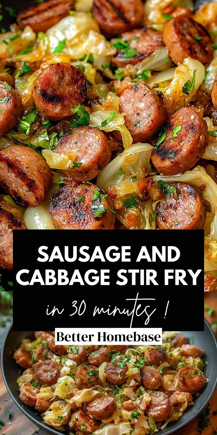 Delicious sausage and cabbage stir fry served in a skillet, ready in 30 minutes.