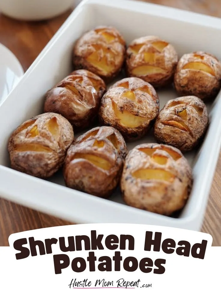 Spooky shrunken head potatoes displayed for Halloween, with unique facial features.