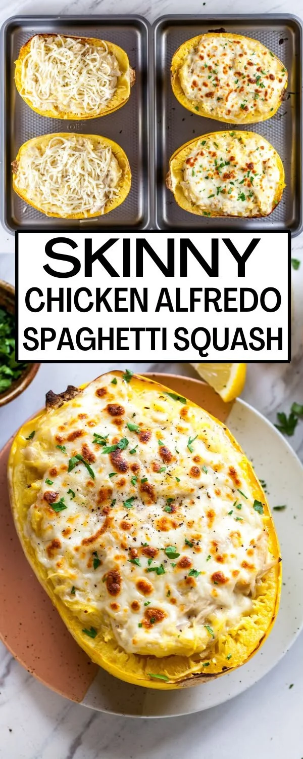 Skinny Chicken Alfredo served with spaghetti squash for a healthy twist
