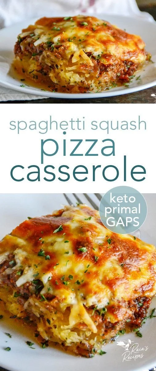 Spaghetti squash pizza casserole baked until golden and bubbly.