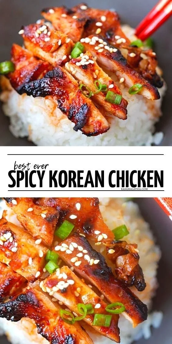 Delicious spicy Korean chicken dish served with garnish