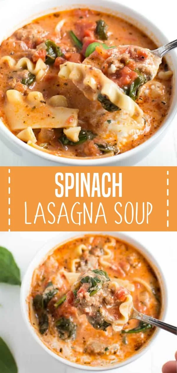 Bowl of spinach lasagna soup topped with cheese and herbs