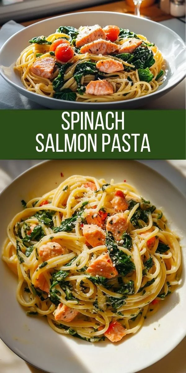 Delicious Spinach Salmon Pasta served with fresh ingredients