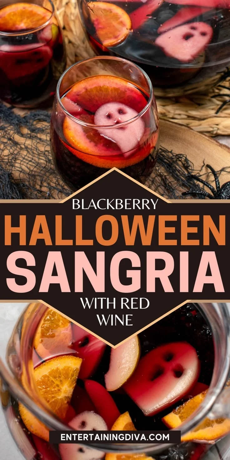 Spooky blackberry Halloween sangria in a glass garnished with berries