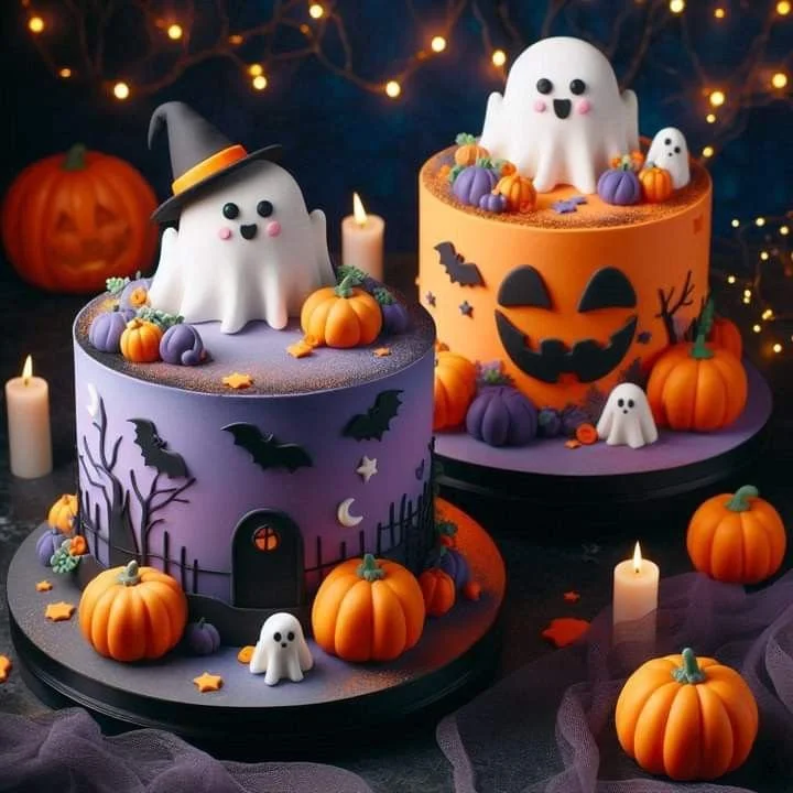 Spooky Halloween cake design with ghost faces for festive celebrations