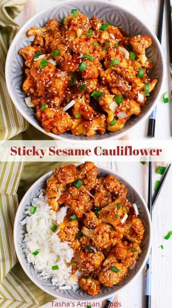 Delicious sticky sesame cauliflower dish, gluten-free and vegan-friendly.