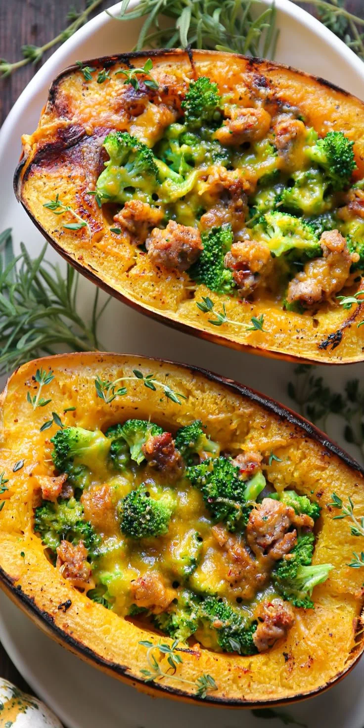 Stuffed spaghetti squash with broccoli, spicy Italian sausage, and cheddar cheese dish