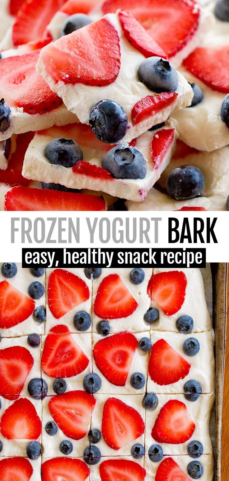 Frozen yogurt bark with blueberries, strawberries, and almonds on a platter