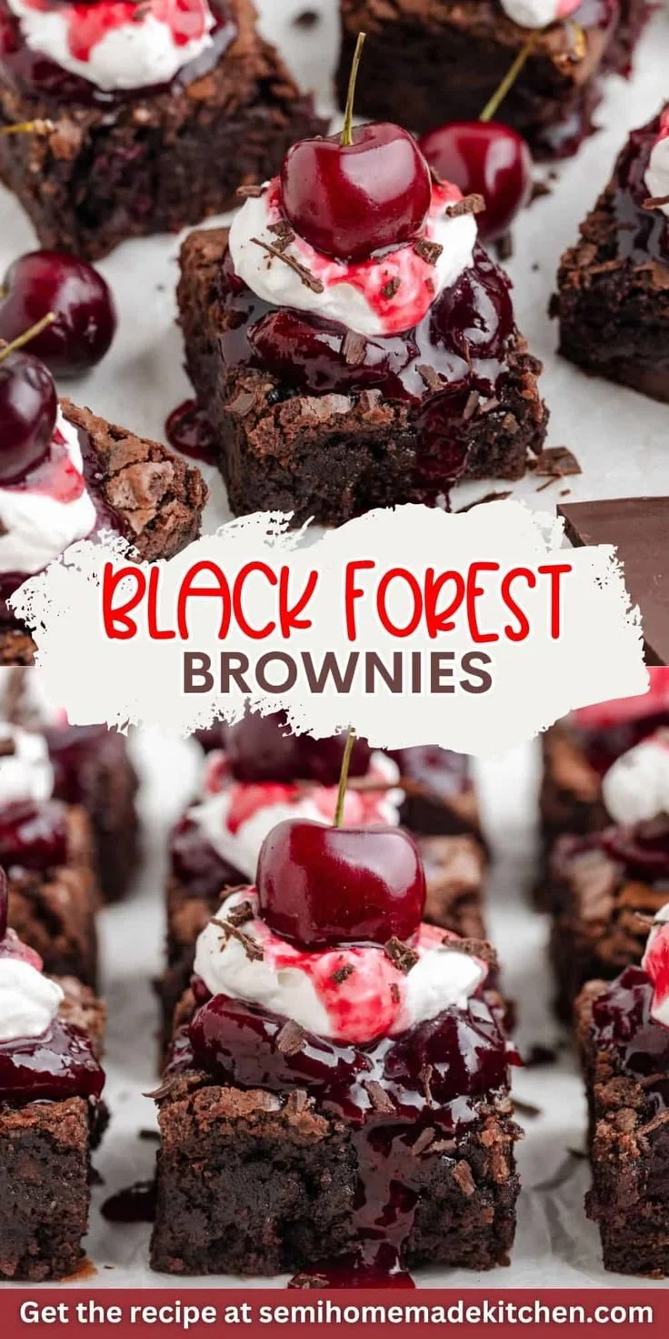 Fudgy Black Forest Brownies topped with whipped cream and cherries