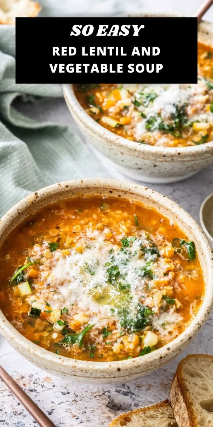 Mediterranean red lentil soup in a bowl with herbs and spices