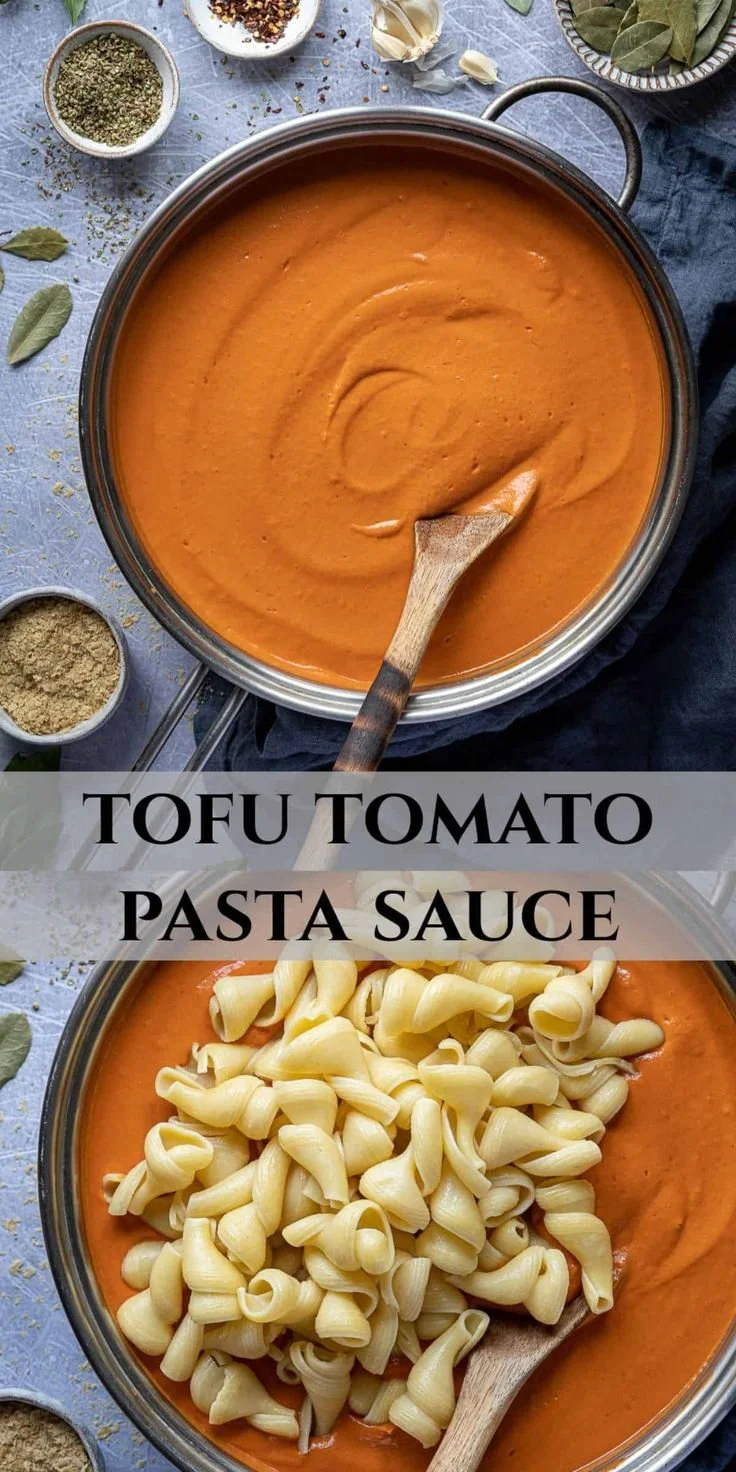 Bowl of Tofu Tomato Pasta Sauce with fresh vegetables and herbs