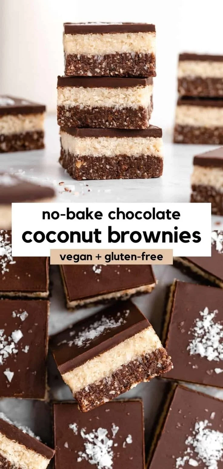 Triple layered no bake chocolate coconut brownies on a plate