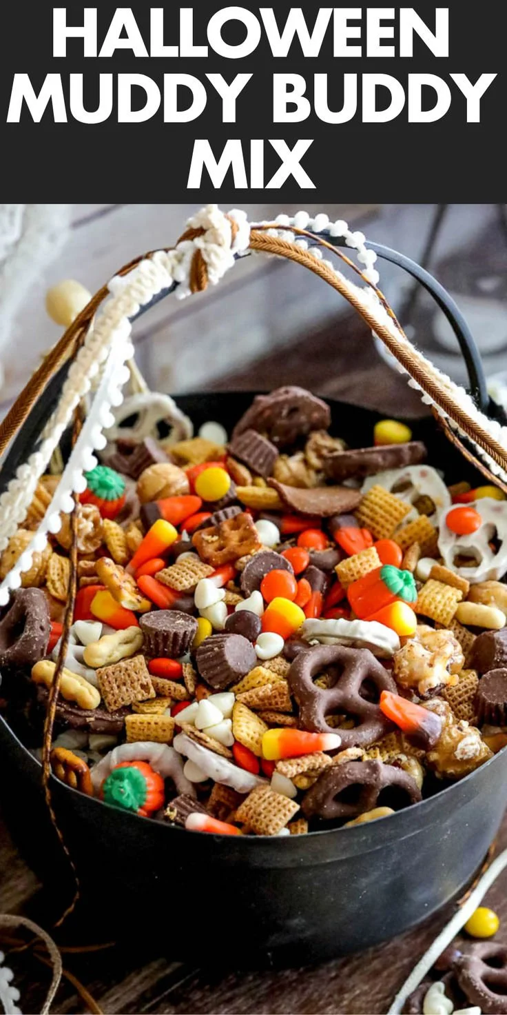 Ultimate Halloween Snack Mix - spooky and sweet recipe with candies, pretzels, and popcorn.