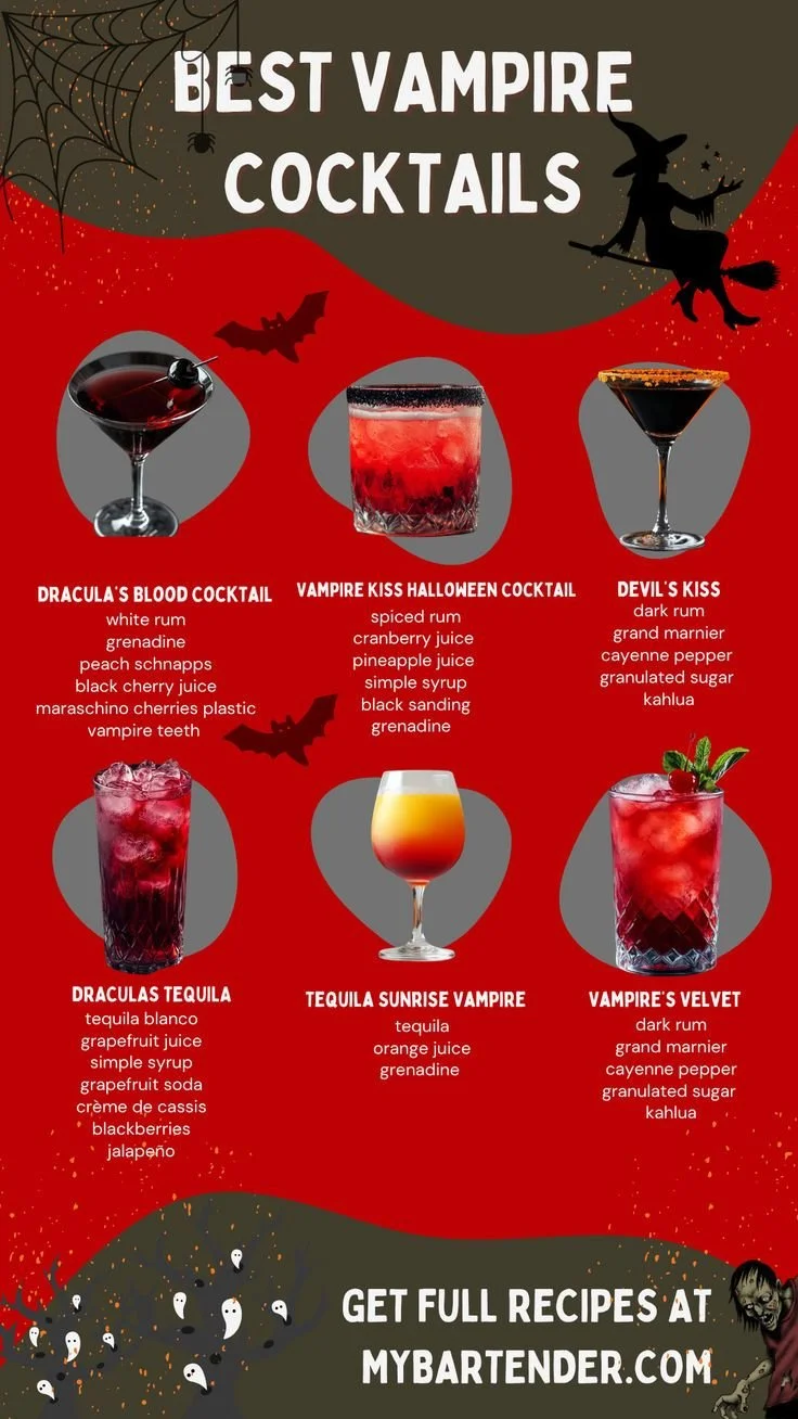 Vampire cocktails with cranberry, pomegranate, and cherry garnishes for Halloween