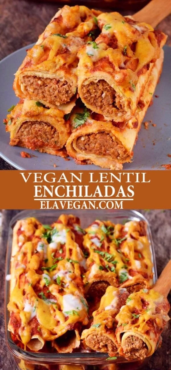 Vegan enchiladas filled with lentils and topped with sauce, a gluten-free recipe.