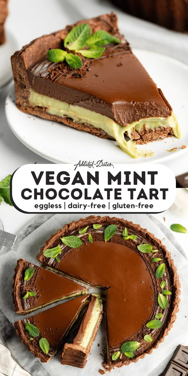 Delicious Vegan Mint Chocolate Tart topped with fresh mint leaves.