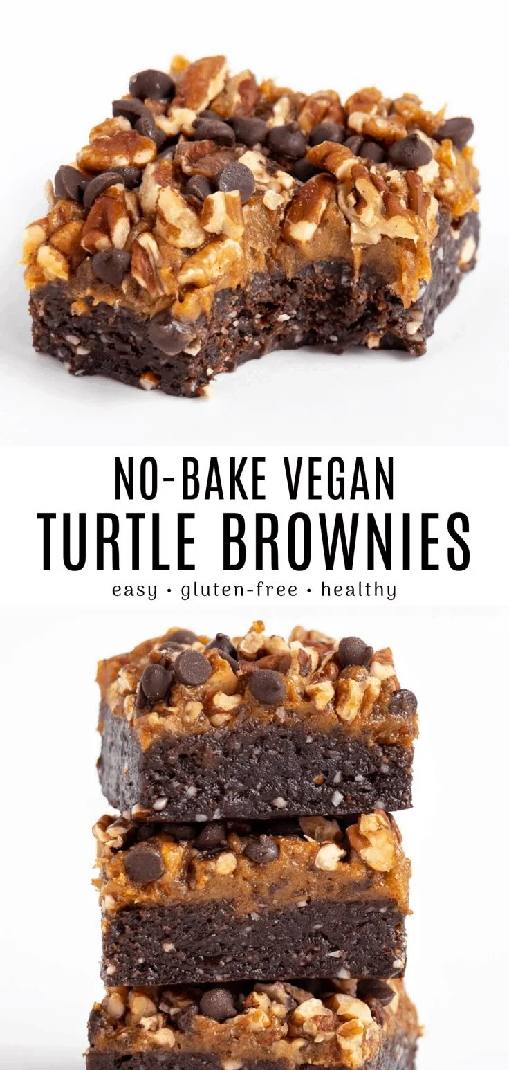 Delicious vegan turtle brownies with chocolate, caramel, and nuts on a plate.