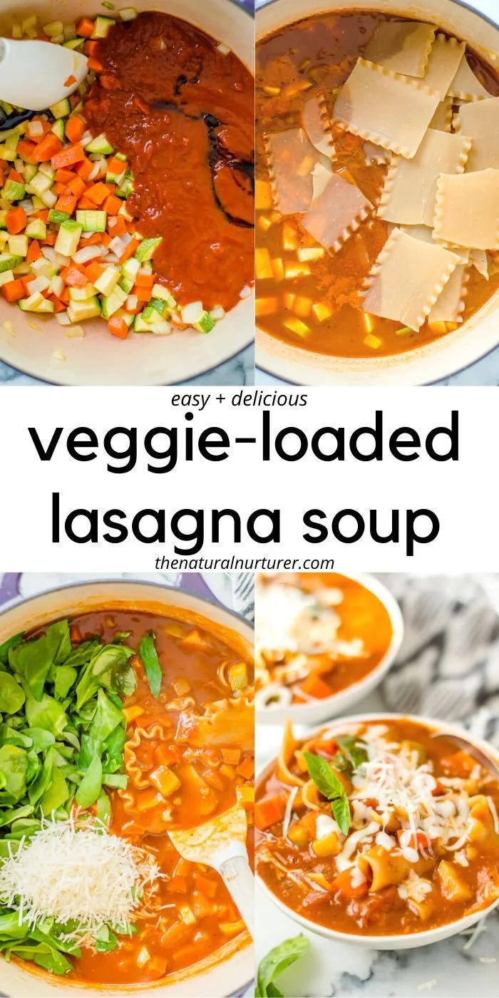 A bowl of veggie-loaded lasagna soup garnished with herbs and cheese