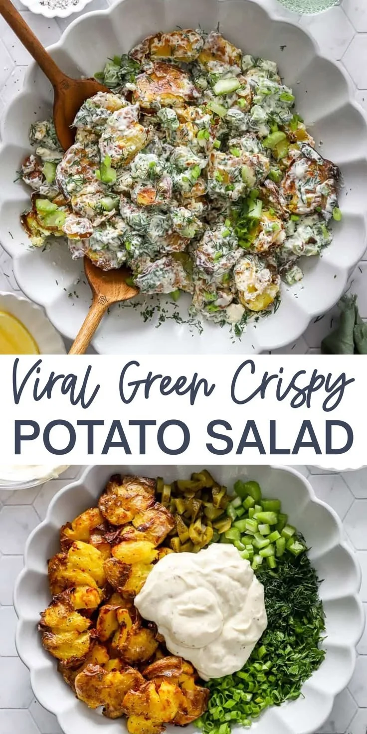 Viral green crispy potato salad with vibrant herbs and crispy potatoes