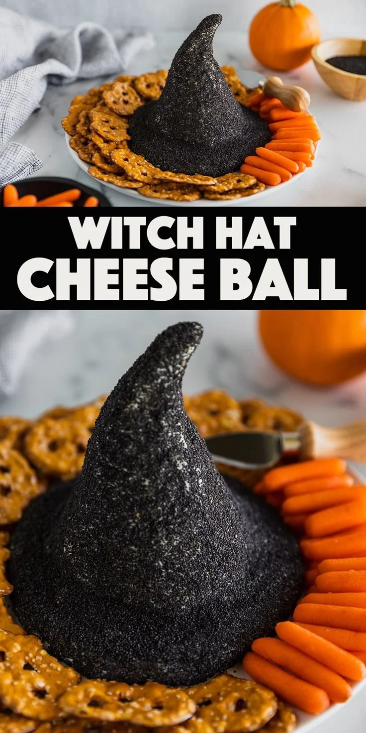 White Cheddar Witch Hat Halloween cheese ball on a charcuterie board