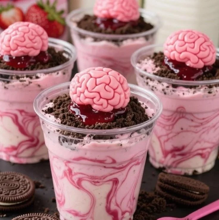 Zombie Brain Dirt Cups recipe PDF download featuring spooky dessert ideas.